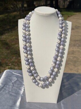 Vintage Lavender Double Strand Beaded Necklace Polka Dot Japan Clasp